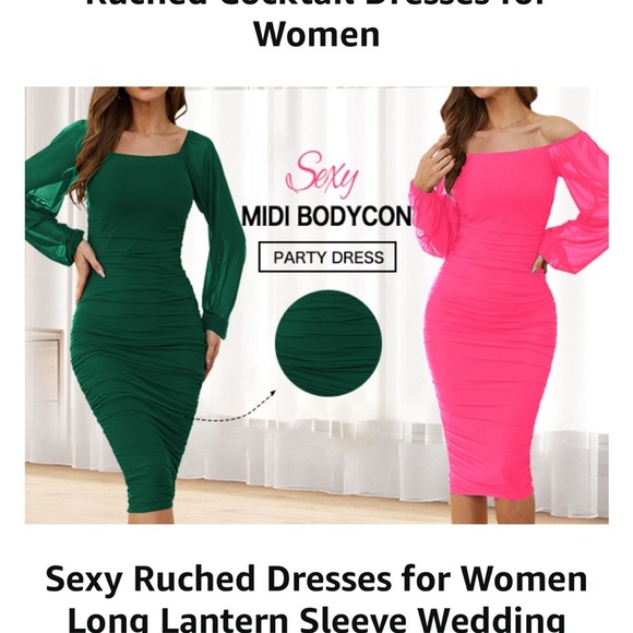 Ruched Bodycon Midi Dress, Square Neck Long Puff Sleeve Mesh - Picture 6 of 8